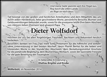 Traueranzeige von Dieter Wolfsdorf von Südthüringer Presse