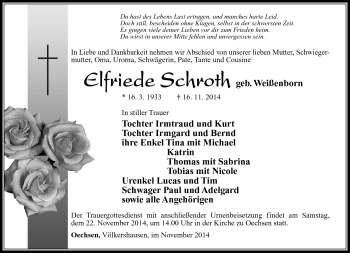 Traueranzeige von Elfriede Schroth von Südthüringer Presse