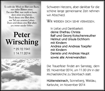 Traueranzeige von Peter Wirsching von Südthüringer Presse