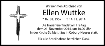 Traueranzeige von Ellen Wuttke von Neue Presse Coburg