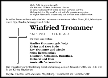 Traueranzeige von Winfried Trommer von Südthüringer Presse
