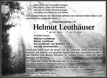 Traueranzeige von Helmut Leuthäuser von Südthüringer Presse