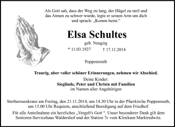Traueranzeige von Elsa Schultes von Frankenpost