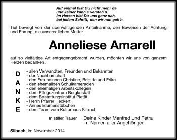 Traueranzeige von Anneliese Amarell von Südthüringer Presse