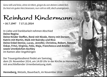 Traueranzeige von Reinhard Kindermann von Südthüringer Presse