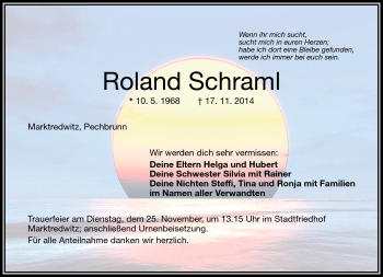 Traueranzeige von Roland Schraml von Frankenpost