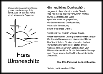 Traueranzeige von Hans Wraneschitz von Frankenpost