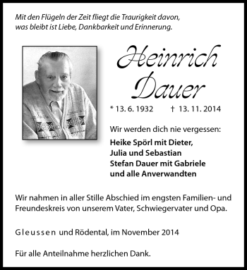 Traueranzeige von Heinrich Dauer von Neue Presse Coburg