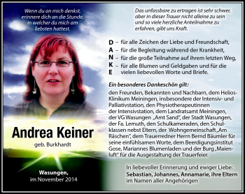 Traueranzeige von Andrea Keiner von Südthüringer Presse