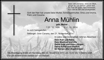 Traueranzeige von Anna Mühlin von Frankenpost