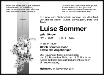 Traueranzeige von Luise Sommer von Südthüringer Presse