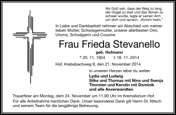 Traueranzeige von Frieda Stevanello von Frankenpost