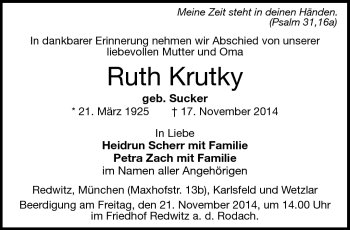 Traueranzeige von Ruth Krutky von Neue Presse Coburg