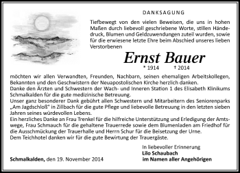 Traueranzeige von Ernst Bauer von Südthüringer Presse