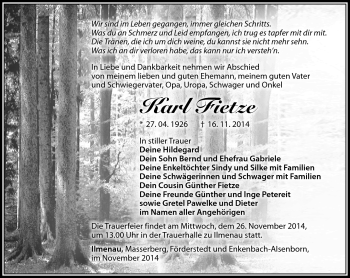 Traueranzeige von Karl Fietze von Südthüringer Presse