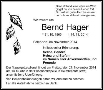 Traueranzeige von Bernd Hager von Frankenpost
