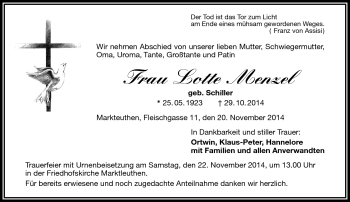 Traueranzeige von Lotte Menzel von Frankenpost