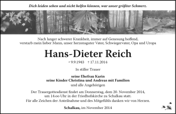 Traueranzeige von Hans-Dieter Reich von Südthüringer Presse