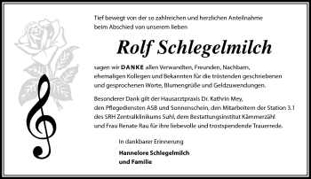 Traueranzeige von Rolf Schlegelmilch von Südthüringer Presse