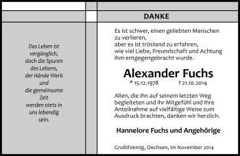 Traueranzeige von Alexander Fuchs von Südthüringer Presse