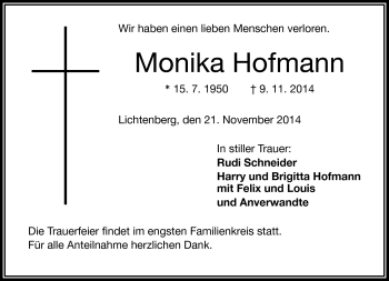 Traueranzeige von Monika Hofmann von Frankenpost