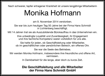 Traueranzeige von Monika Hofmann von Frankenpost