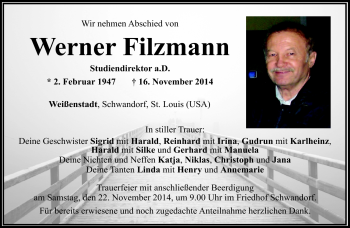 Traueranzeige von Werner Filzmann von Frankenpost