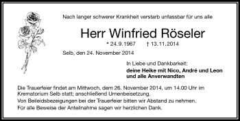 Traueranzeige von Winfried Röseler von Frankenpost