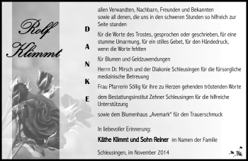 Traueranzeige von Rolf Klimmt von Südthüringer Presse