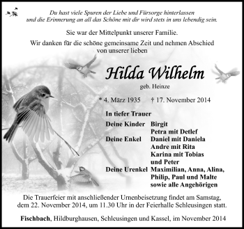 Traueranzeige von Hilda Wilhelm von Südthüringer Presse