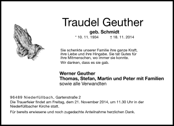Traueranzeige von Traudel Geuther von Neue Presse Coburg