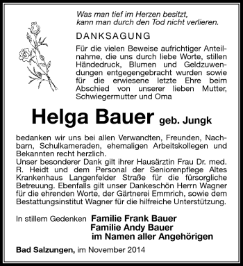 Traueranzeige von Helga Bauer von Südthüringer Presse
