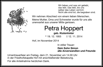 Traueranzeige von Petra Hoppert von Frankenpost
