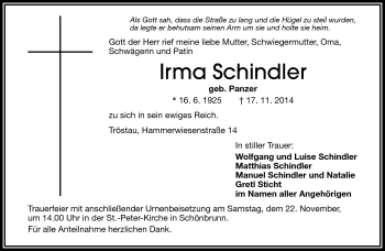 Traueranzeige von Irma Schindler von Frankenpost