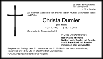 Traueranzeige von Christa Dumler von Frankenpost