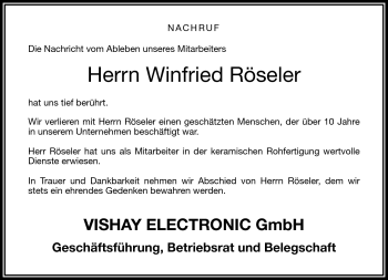 Traueranzeige von Winfried Röseler von Frankenpost