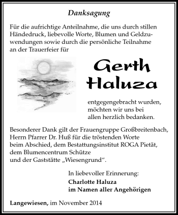 Traueranzeige von gerth Haluza von Südthüringer Presse