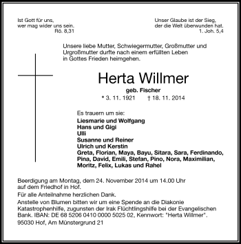 Traueranzeige von Herta Willmer von Frankenpost