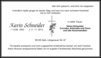 Traueranzeige von Karin Schneider von Frankenpost