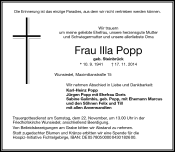 Traueranzeige von Illa Popp von Frankenpost