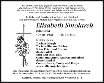 Traueranzeige von Elisabeth Smolarek von Südthüringer Presse