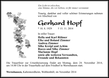 Traueranzeige von Gerhard Hopf von Südthüringer Presse