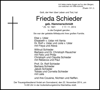 Traueranzeige von Frieda Schieder von Neue Presse Coburg