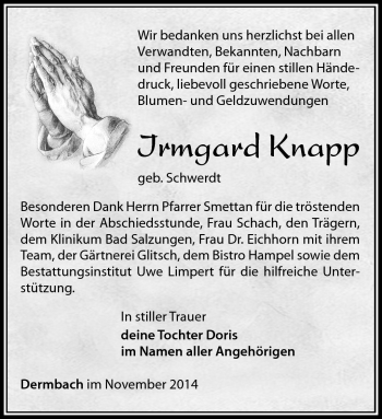 Traueranzeige von Irmgard Knapp von Südthüringer Presse