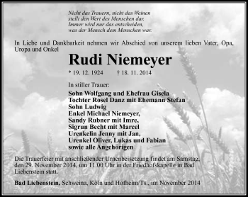 Traueranzeige von Rudi Niemeyer Niemeyer von Südthüringer Presse