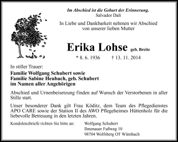 Traueranzeige von Erika Lohse von Südthüringer Presse