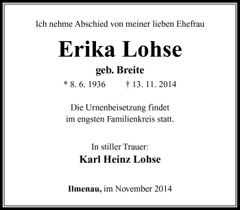 Traueranzeige von Lohse Erika von Südthüringer Presse
