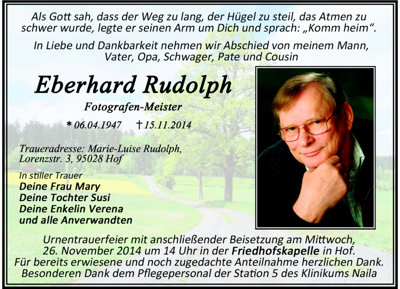  Traueranzeige für Eberhard Rudolph vom 22.11.2014 aus Frankenpost