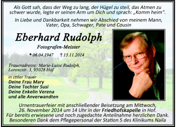 Traueranzeige von Eberhard Rudolph von Frankenpost