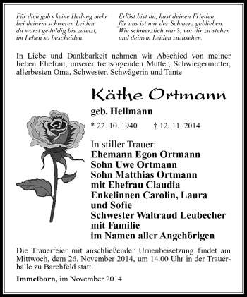 Traueranzeige von Käthe Ortmann von Südthüringer Presse